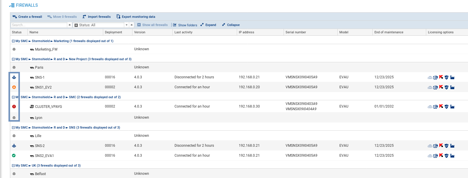 Firewall monitoring screen