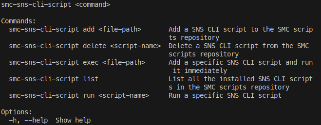 List of commands for SNS CLI scripts