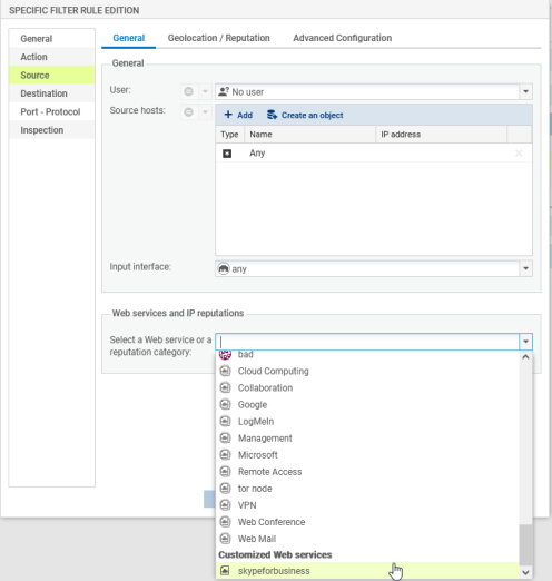 Source menu of a filter rule