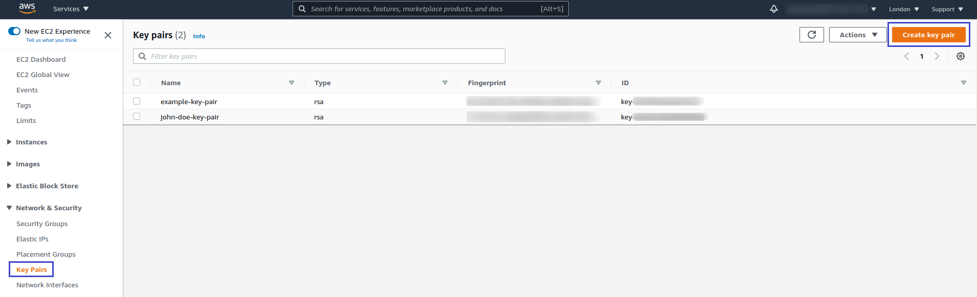 Create key pair button
