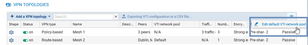 Menu Modifier le plan d'adressage VTI par défaut