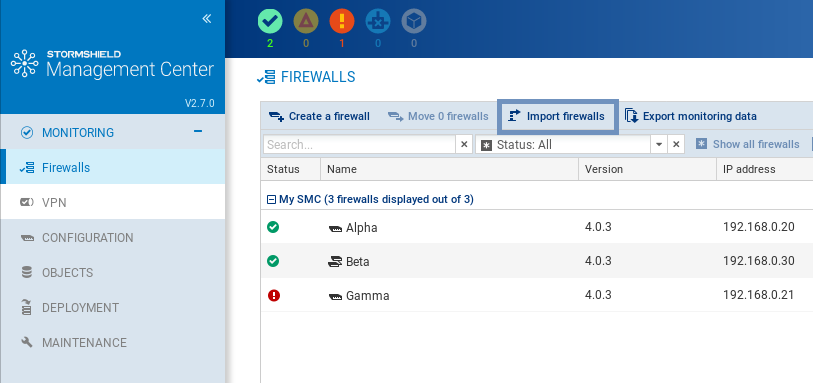 Bouton Importer des firewalls