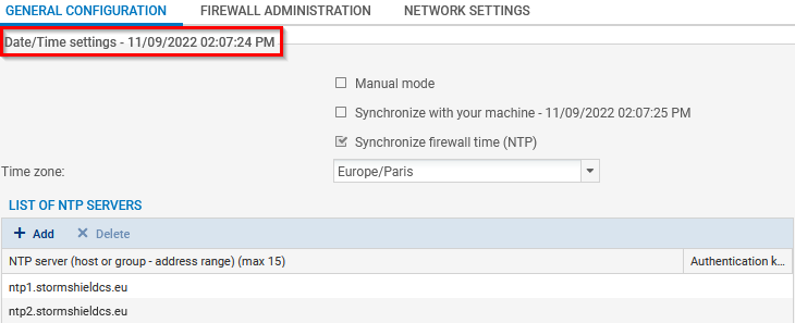 Window to change the SNS firewall's date and time settings