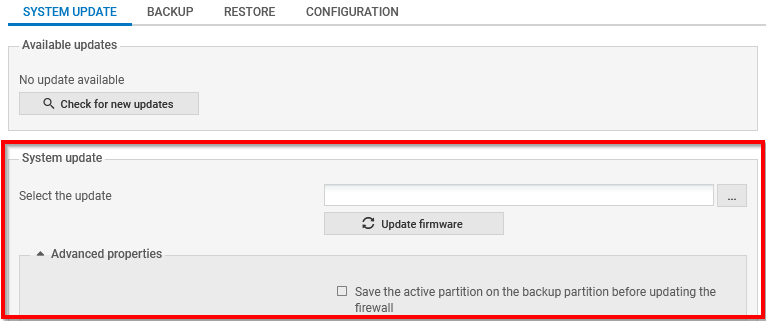 Fenêtre de sélection du fichier de mise à jour (.maj) du firewall SNS